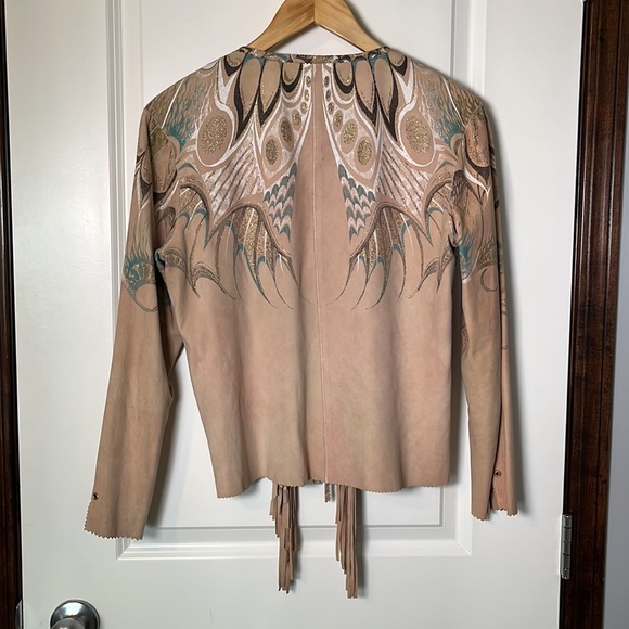 ROBERTO CAVALLI Tan Beige Suede Leather Butterfly Fringe Jacket - Picture 6 of 13